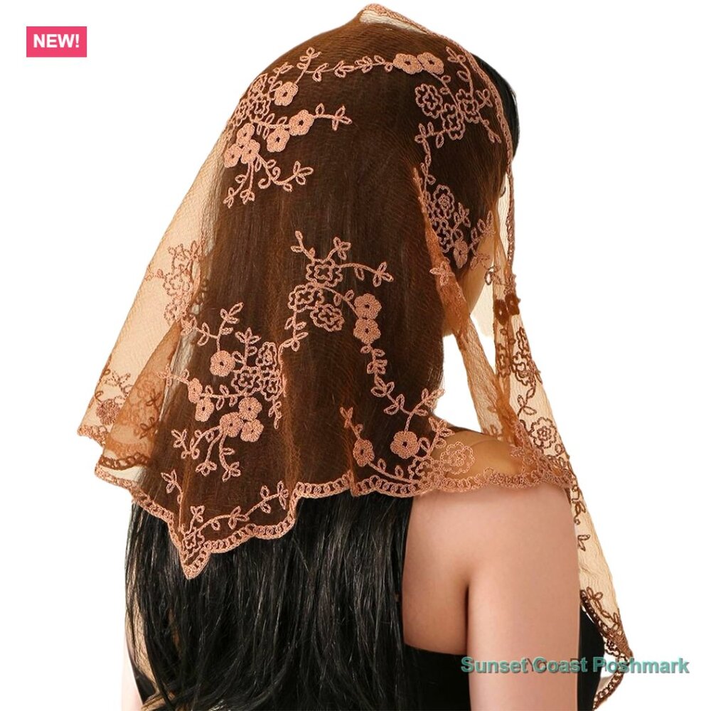 Floral Lace Gothic Mantilla Veil Head Covering in Tan Brown Wedding Church New